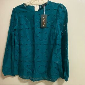 Ofeefan Womens Teal Green Sheer All Lace Blouse S Small 36” Long Sleeve NWT New